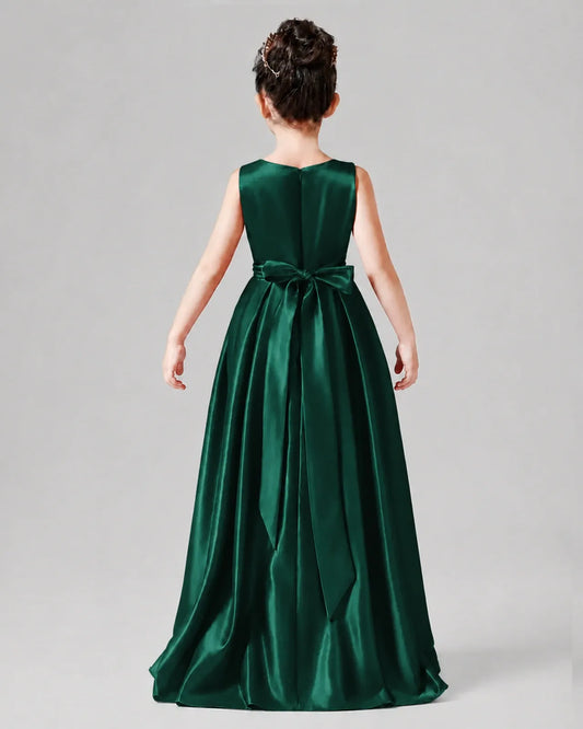 Dark Green Satin A-line Junior Bridesmaid Dress Back View