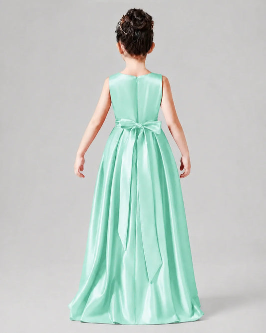 Mint Green Satin A-line Junior Bridesmaid Dress Back View