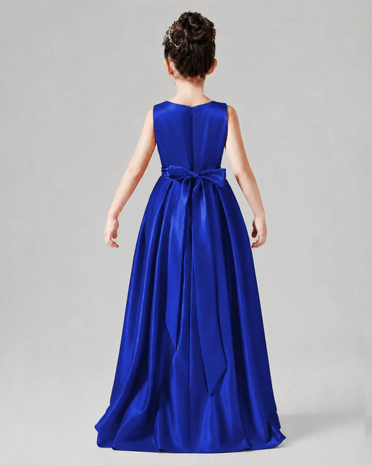 Royal Blue Satin A-line Junior Bridesmaid Dress Back View