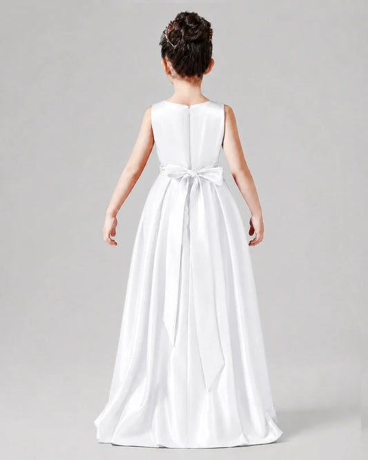 White Satin A-line Junior Bridesmaid Dress Back View