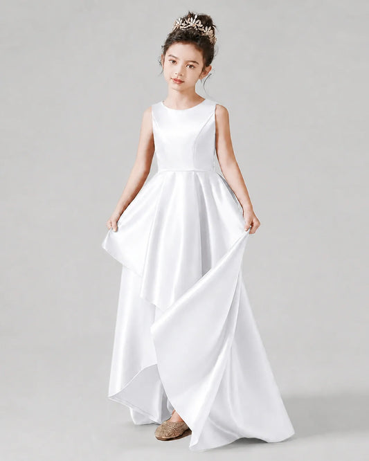 White Satin A-line Junior Bridesmaid Dress Front View