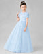 Dideyttawl Formal Dress with Puff Sleeves Floral Lace Bodice and Tulle Skirt