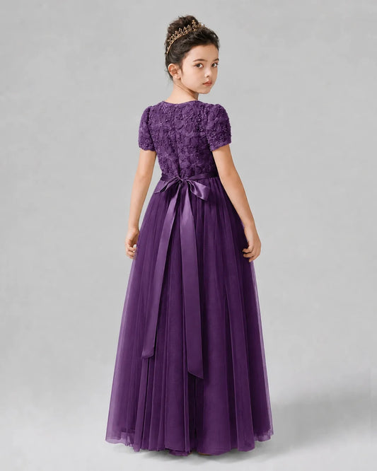 Grape Satin Tulle A-line Girls Formal Dress Back View