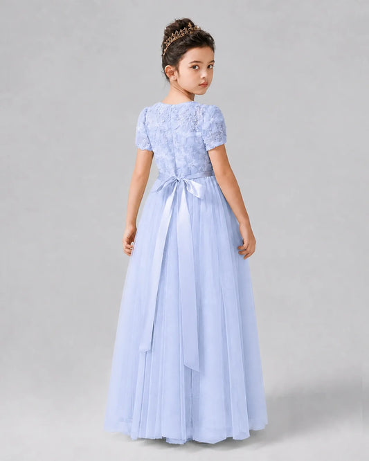 Lavender Satin Tulle A-line Girls Formal Dress Back View