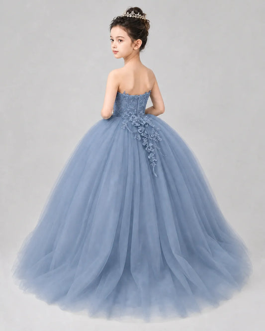 Dusty Blue Tulle Ball Gown Pageant Dress Back View