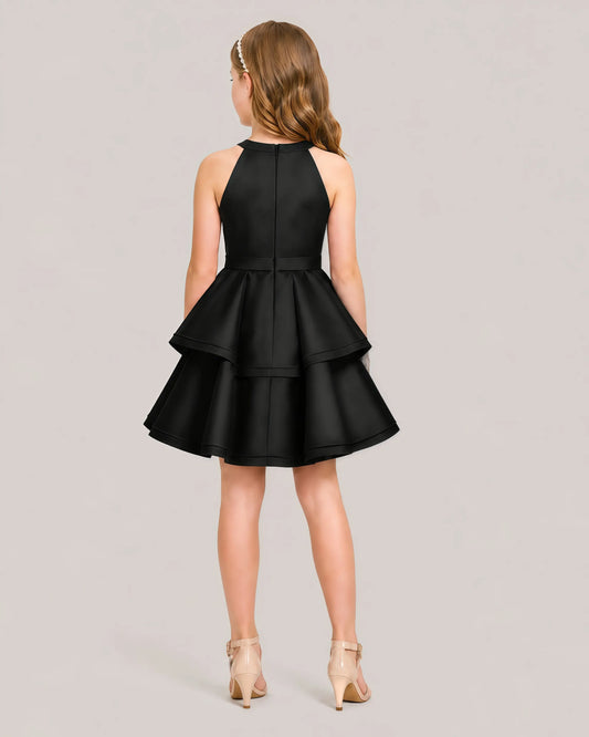 Black Satin A-line Girls Formal Dress Back View