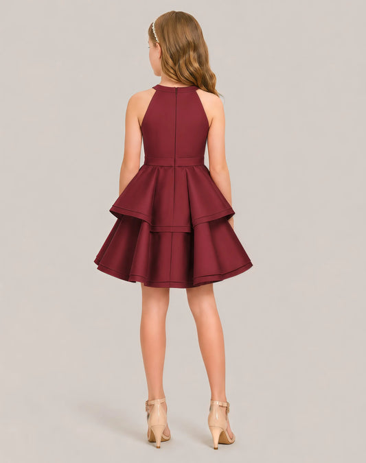 Burgundy Satin A-line Girls Formal Dress Back View