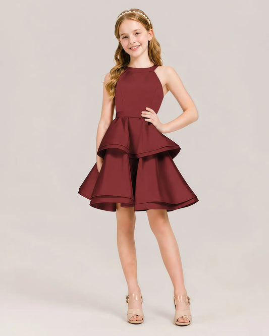 Burgundy Satin A-line Girls Formal Dress Front View