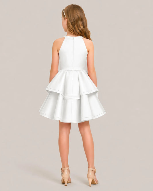 White Satin A-line Girls Formal Dress Back View