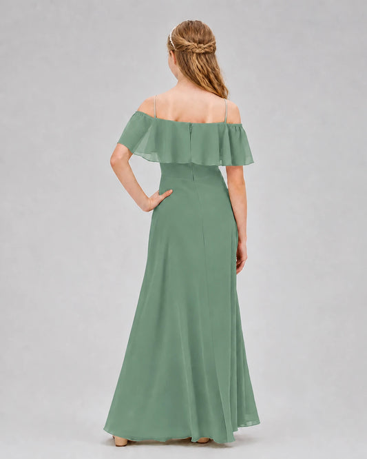 Eucalyptus Chiffon Off-the-Shoulder Junior Bridesmaid Dresses Back View