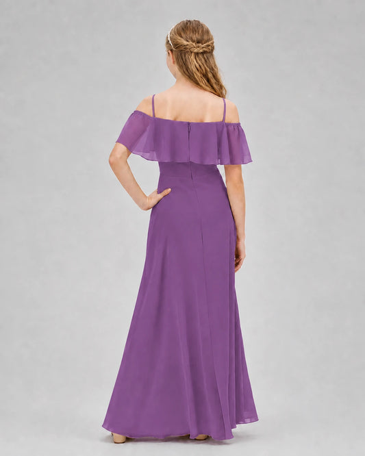 Purple Chiffon Cold Shoulder A-Line Junior Bridesmaid Dresses Back View