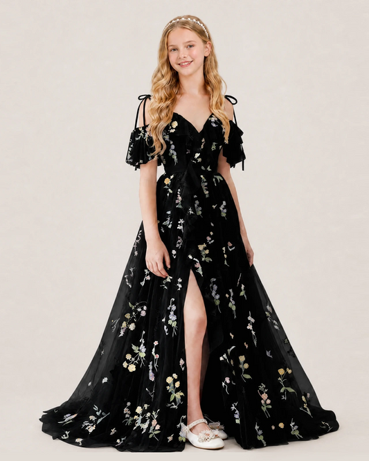 Black Tulle A-line Girls Formal Dress Front View