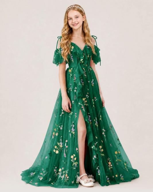 Emerald Green Tulle A-line Girls Formal Dress Front View