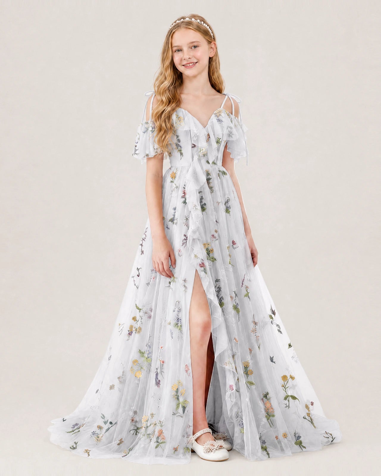 White Tulle A-line Girls Formal Dress Front View