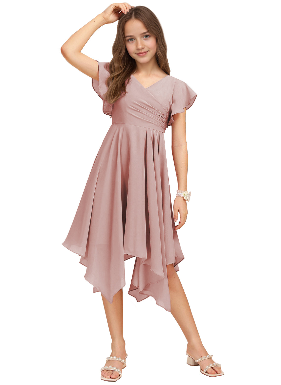 Chiffon Short Junior Bridesmaid Dresses Knee Length Flutter Sleeves Flower Girl Dresses for 4-16 2505