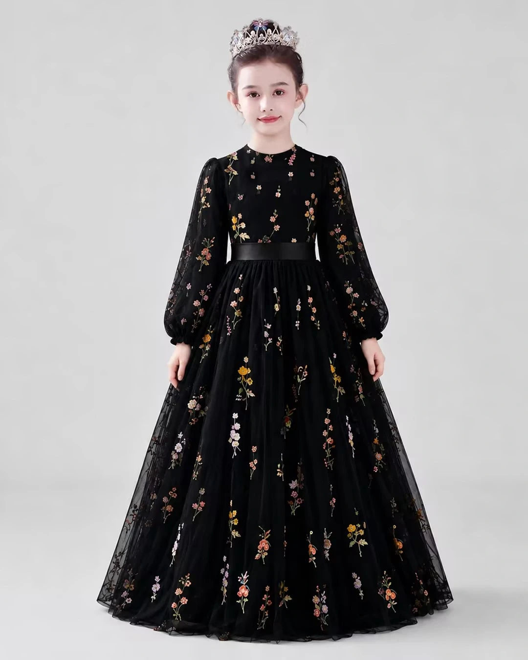 Dideyttawl Girls Formal Dress with Floral Embroidery and Illusion Tulle Skirt