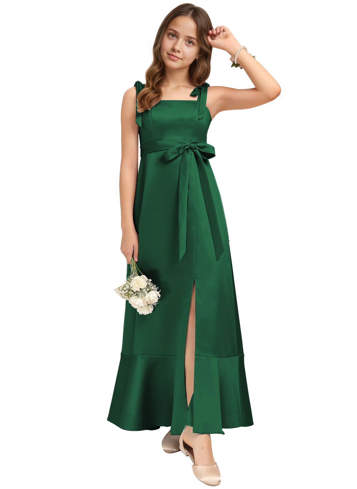 dideyttawl Junior Bridesmaid Dresses for Teens Silk Satin Adjustable Straps Flower Girl Dress with Slit 2529