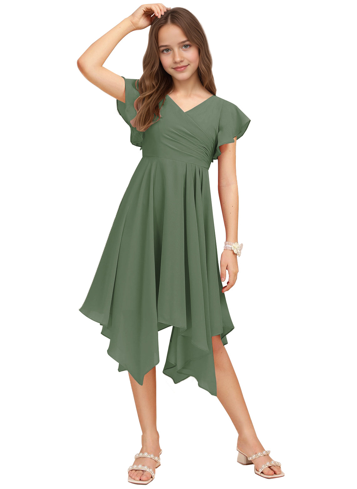 Chiffon Short Junior Bridesmaid Dresses Knee Length Flutter Sleeves Flower Girl Dresses for 4-16 2505