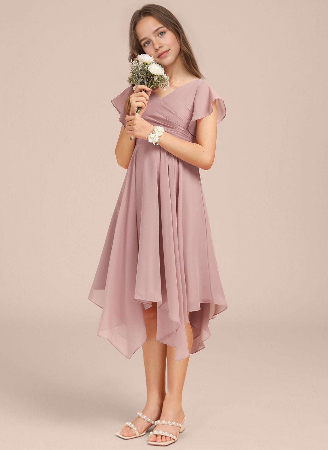 Chiffon Short Junior Bridesmaid Dresses Knee Length Flutter Sleeves Flower Girl Dresses for 4-16 2505