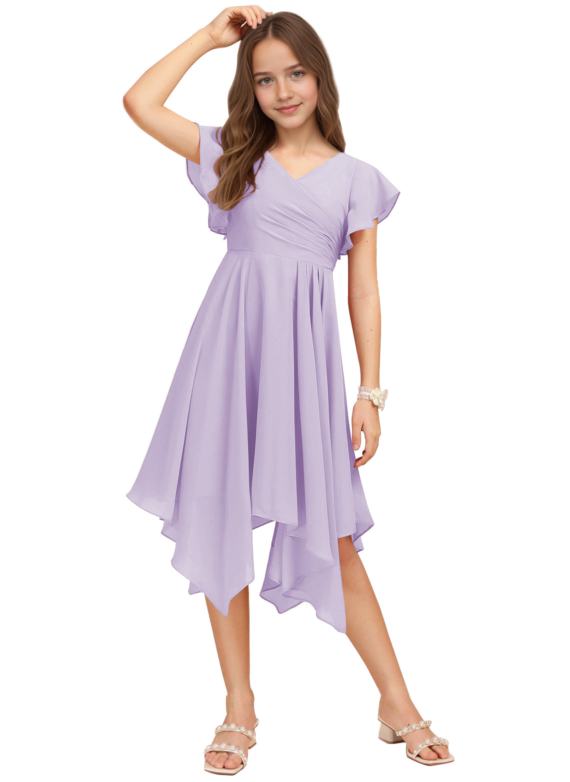 Chiffon Short Junior Bridesmaid Dresses Knee Length Flutter Sleeves Flower Girl Dresses for 4-16 2505
