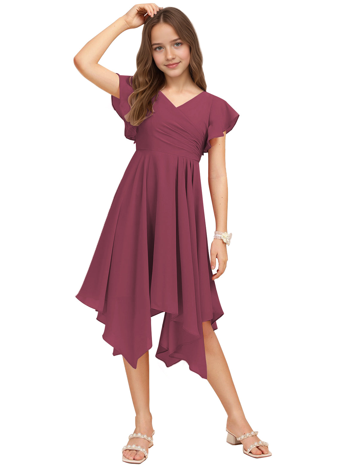 Chiffon Short Junior Bridesmaid Dresses Knee Length Flutter Sleeves Flower Girl Dresses for 4-16 2505