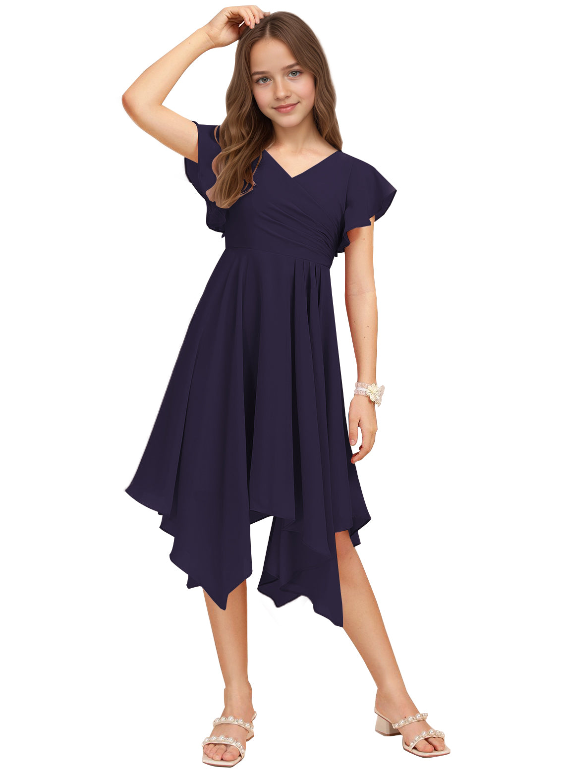 Chiffon Short Junior Bridesmaid Dresses Knee Length Flutter Sleeves Flower Girl Dresses for 4-16 2505