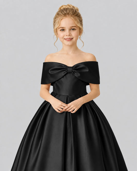 Black A-line Satin Flower Girl Dress video