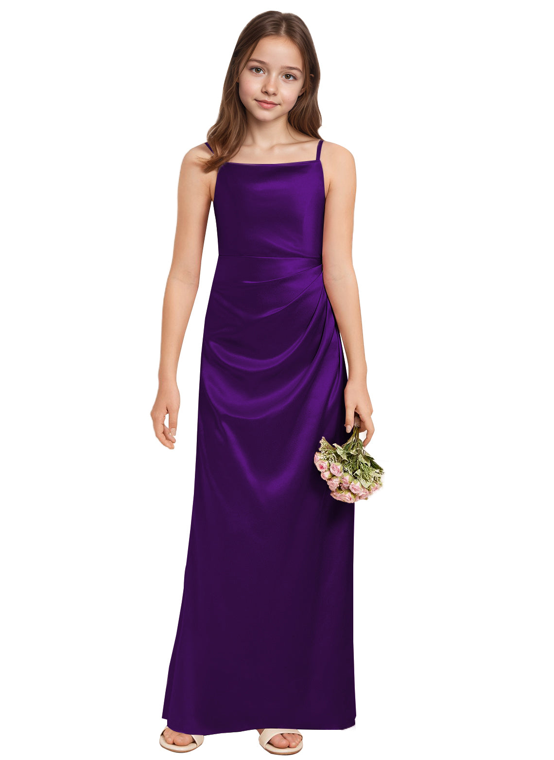 dideyttawl A-Line Junior Bridesmaid Dress Square Neck Pleated Stretch Satin Flower Girl Dress Sleeveless Formal Special Occasion Dress for Wedding 2520
