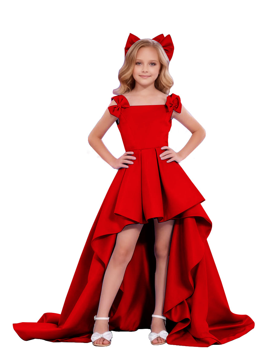 dideyttawl High-Low Junior Bridesmaid Dresses for Girls Pleated Satin A-Line Bow Straps Pageant Formal Party Dress 2536, Red / 4 dideyttawl High-Low Junior Bridesmaid Dresses for Girls Pleated Satin A-Line Bow Straps Pageant Formal Party Dress 2536, Red / 4