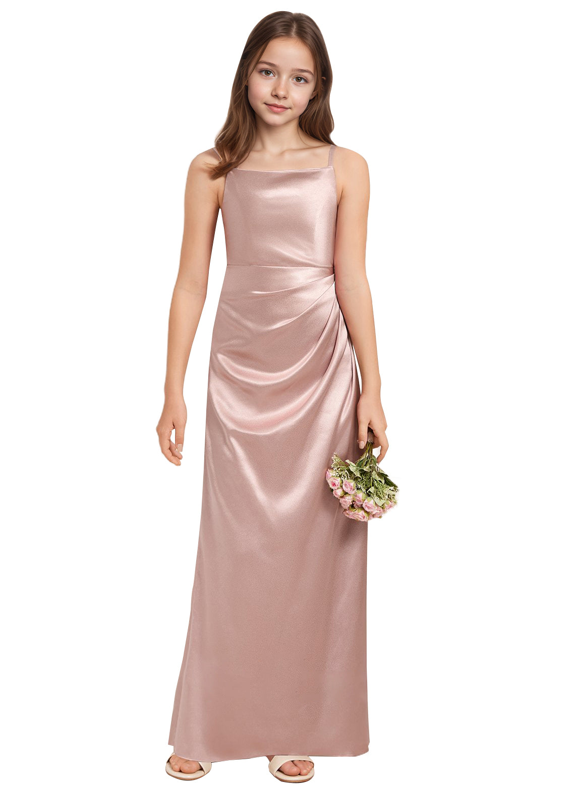 dideyttawl A-Line Junior Bridesmaid Dress Square Neck Pleated Stretch Satin Flower Girl Dress Sleeveless Formal Special Occasion Dress for Wedding 2520