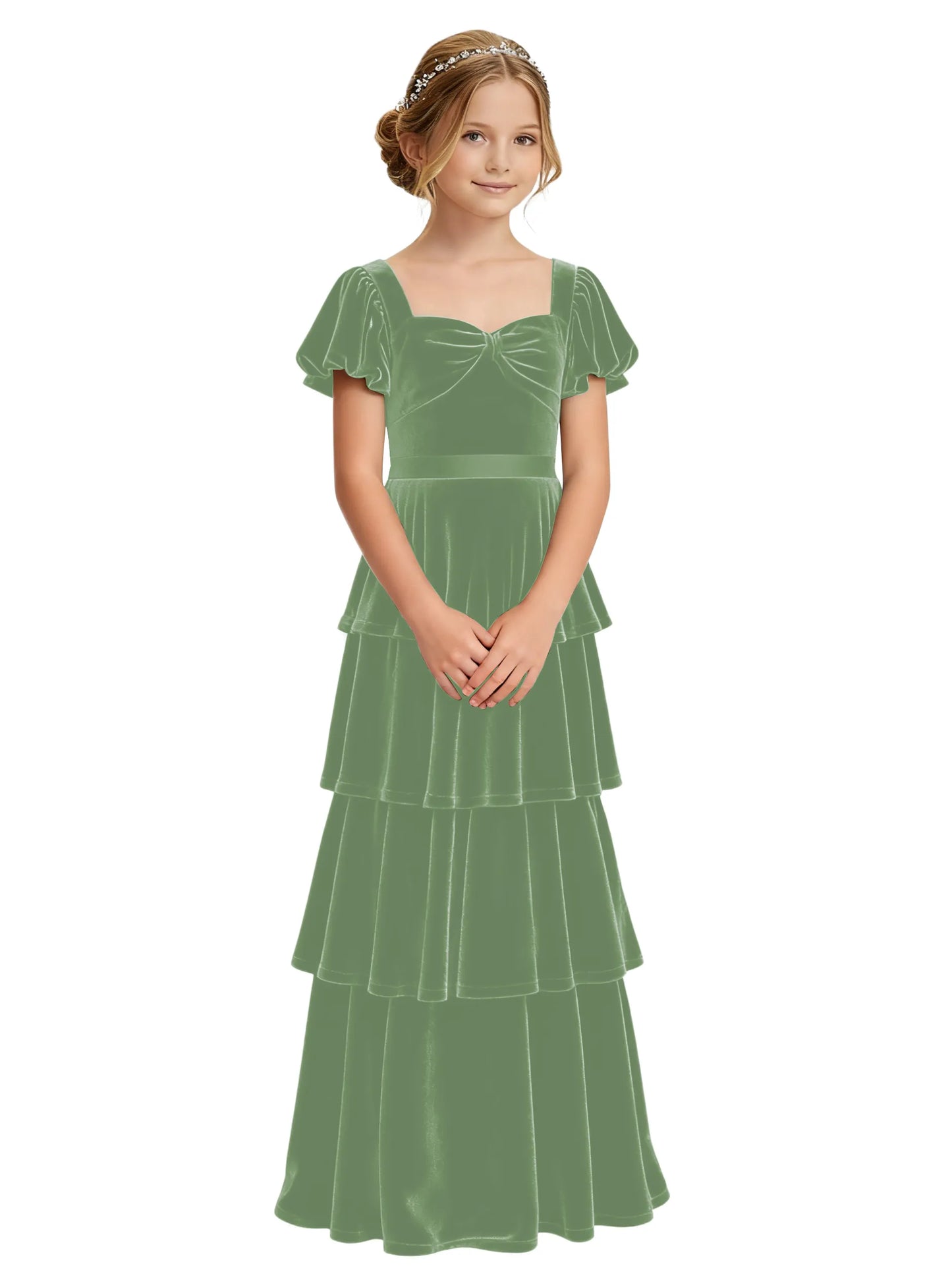 Dideyttawl Burgundy Velvet Junior Bridesmaid Dress Puff Sleeve Tiered Ruffle Formal Dress