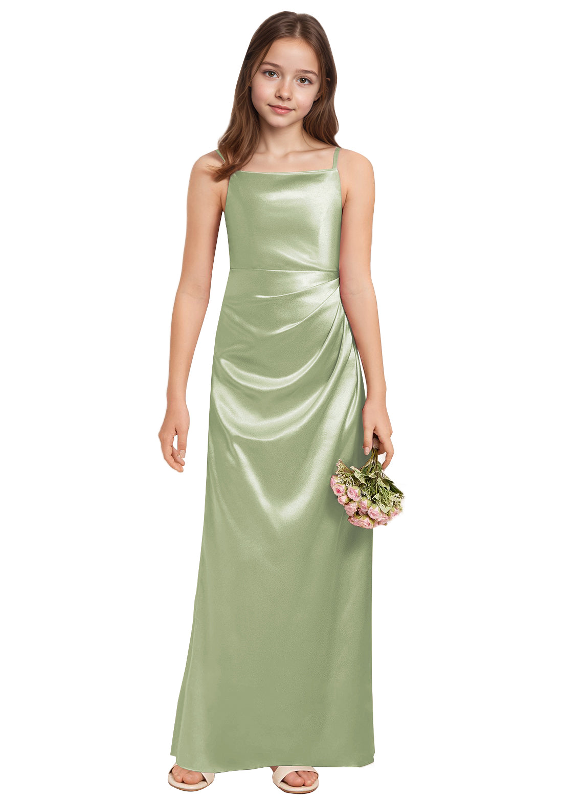 dideyttawl A-Line Junior Bridesmaid Dress Square Neck Pleated Stretch Satin Flower Girl Dress Sleeveless Formal Special Occasion Dress for Wedding 2520