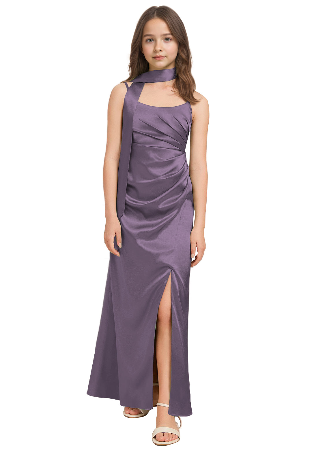 dideyttawl Satin Junior Bridesmaid Dress with Scarf for Girls 4-16 Silk Flower Girl Dress 2527