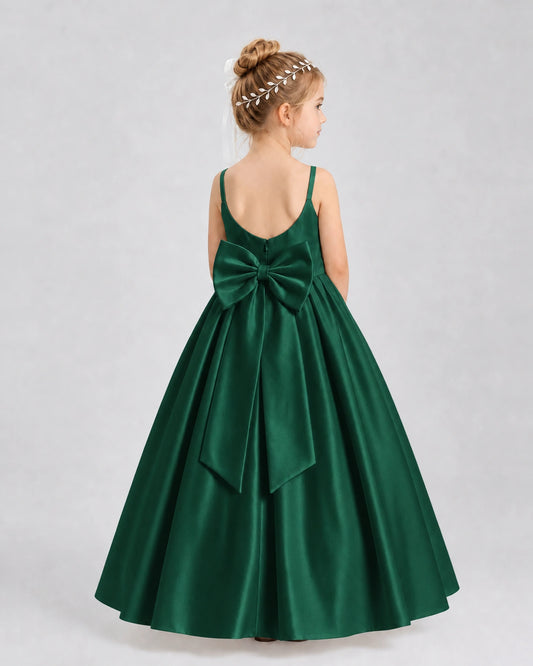 Dark Green Satin A-line Flower Girl Dress Back View
