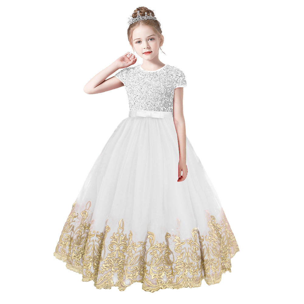 Flower Girls Dress Gold Embroidery Appliqued Puff Tulle Short Sleeves Sequins Party Dress