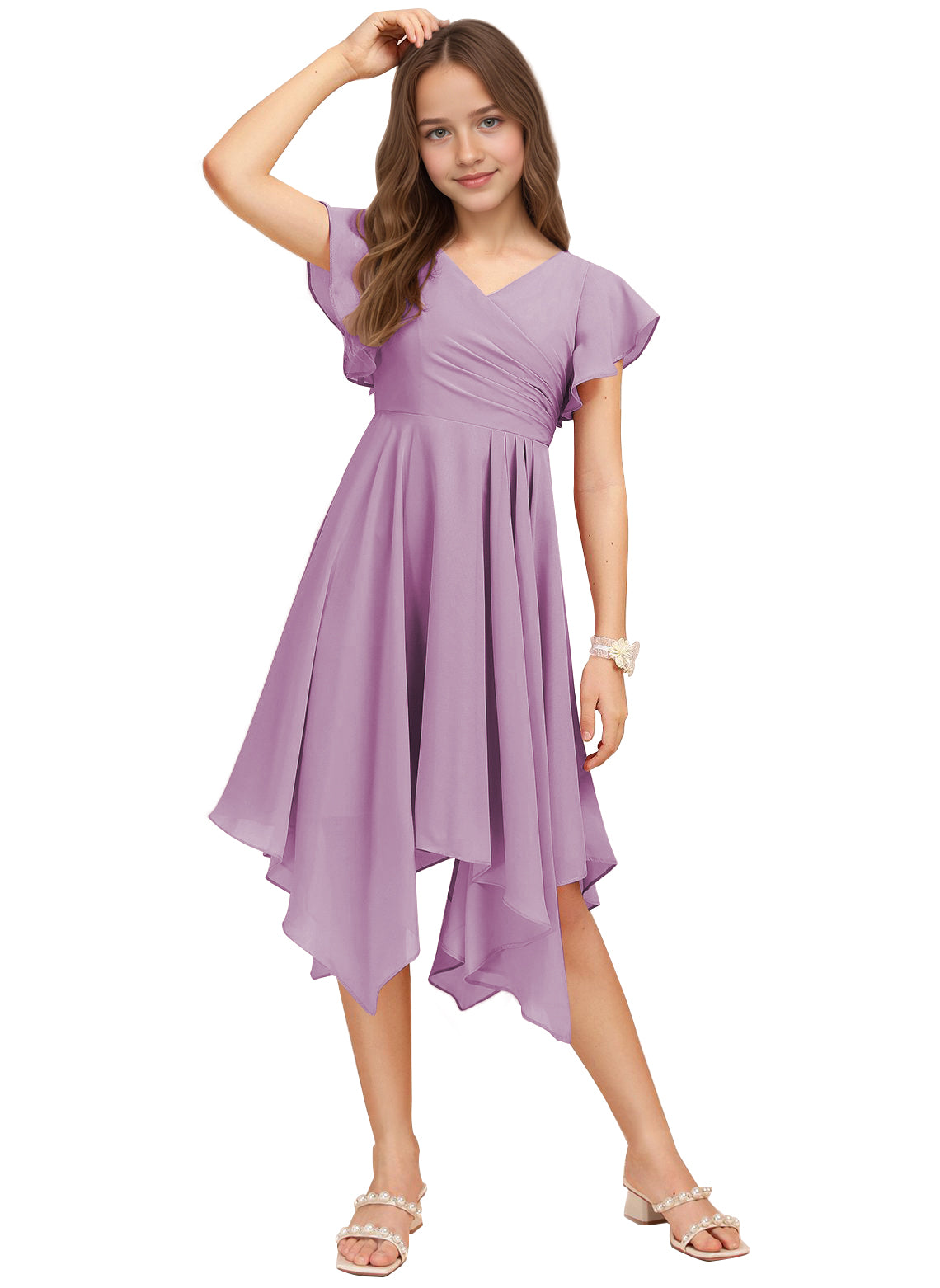 Chiffon Short Junior Bridesmaid Dresses Knee Length Flutter Sleeves Flower Girl Dresses for 4-16 2505
