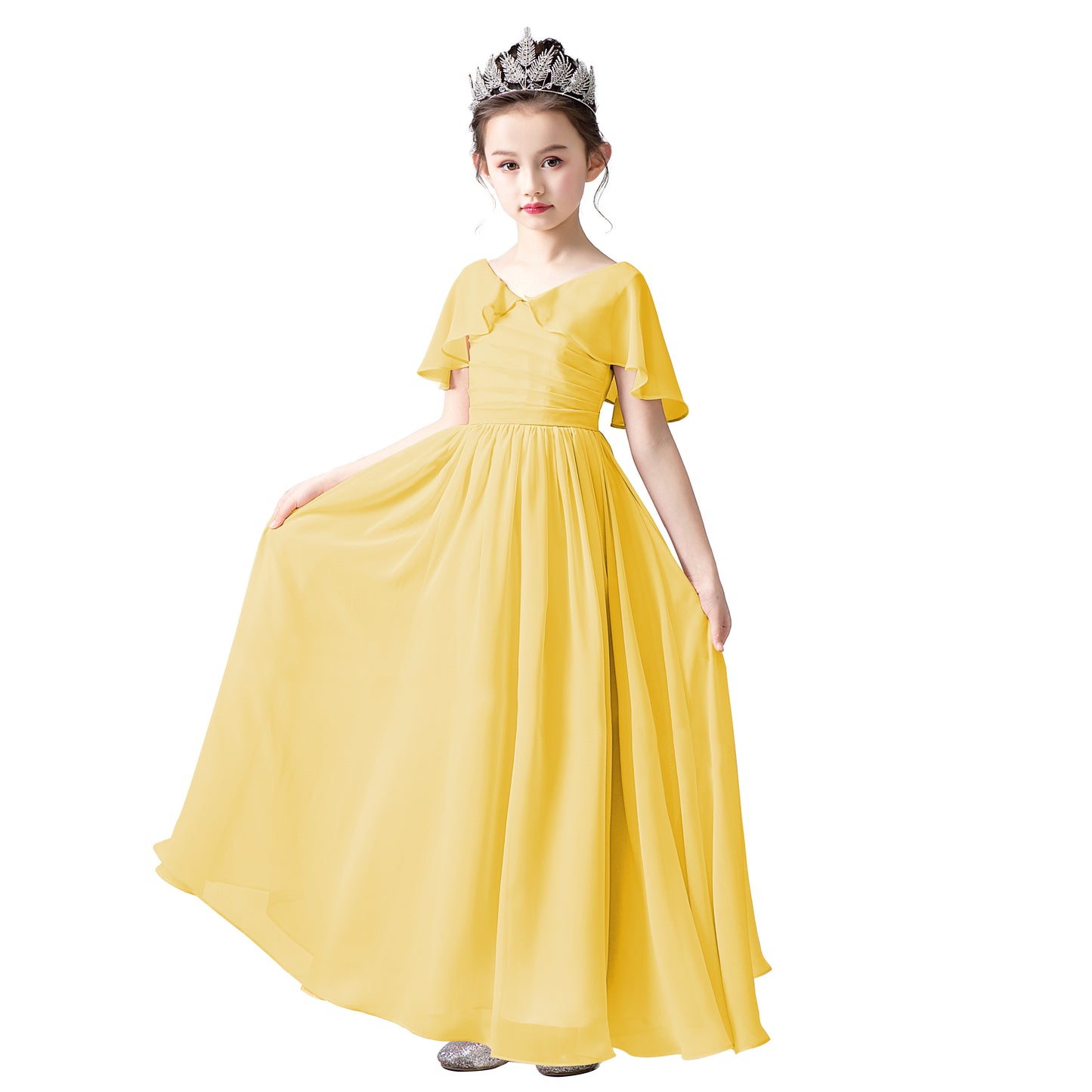 Chiffon Flower Girls Dress Cap Sleeves Junior Bridesmaid Dress for Girls 4-16 Special Occasion Dress for Wedding
