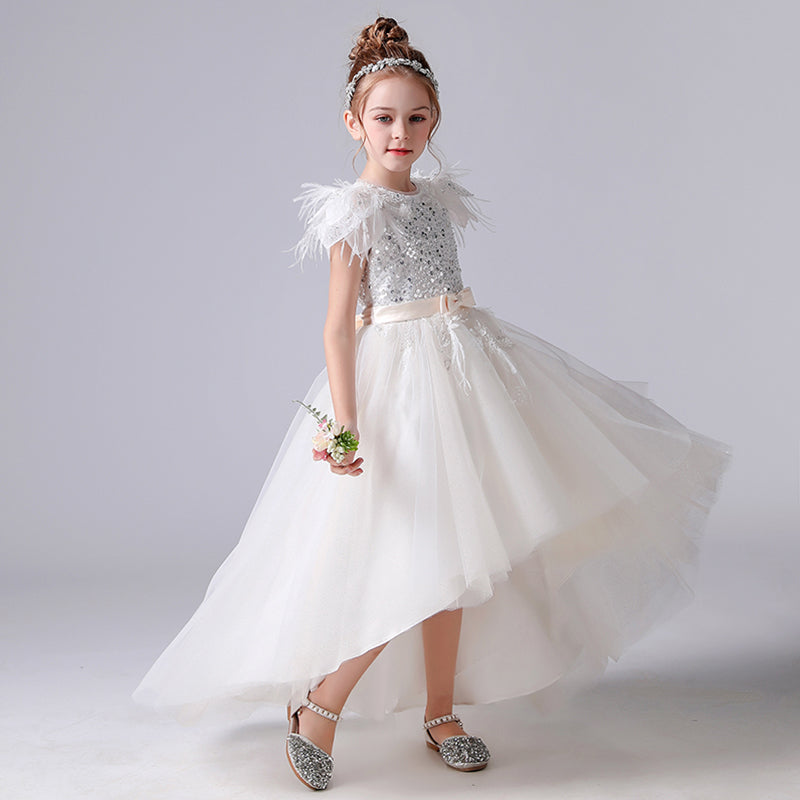 Little Girls Sequin Pageant Dresses White Birthday Ball Gown For Girls Tulle Fancy Party Dresses