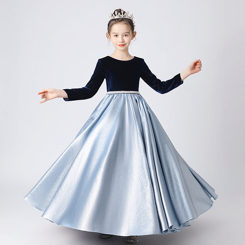 Crew Neck Girls Formal Dresses Princess Long Gown For Teen Girls Blue Pageant Evening Dresses Long Sleeve