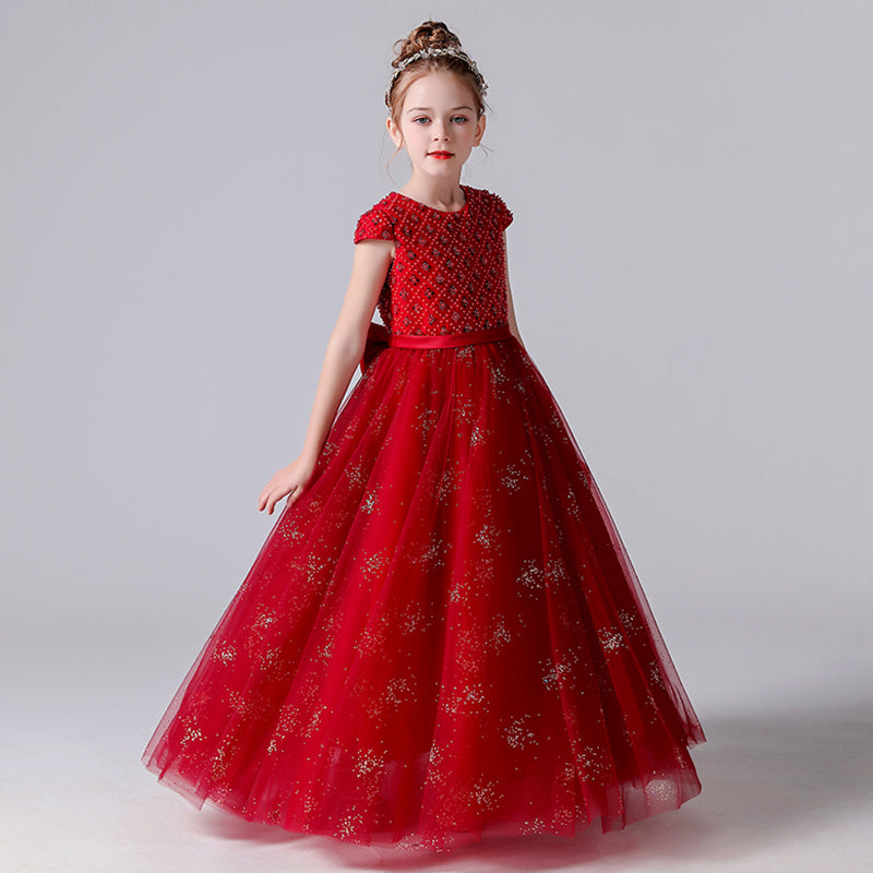 Crew Neck Junior Bridesmaid Dress Beaded Pagent Dresses For Teens Tulle Ball Gown Floor Length