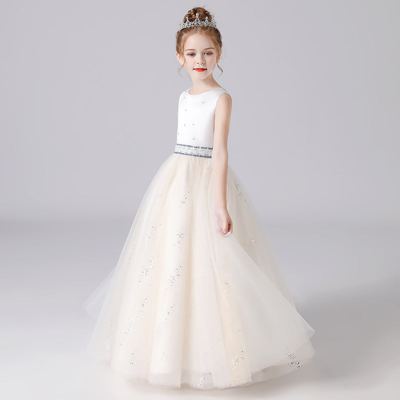 Champagne Junior Bridesmaid Dresses Tulle Flower Girl Dresses Ball Gown For Teens Floor Length