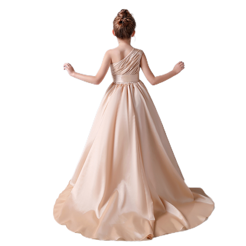Girls Pageant Dresses One Shoulder Sleeveless Formal Satin Flower Girls Dress for Wedding Princess Ball Gown Flower Belt Dress