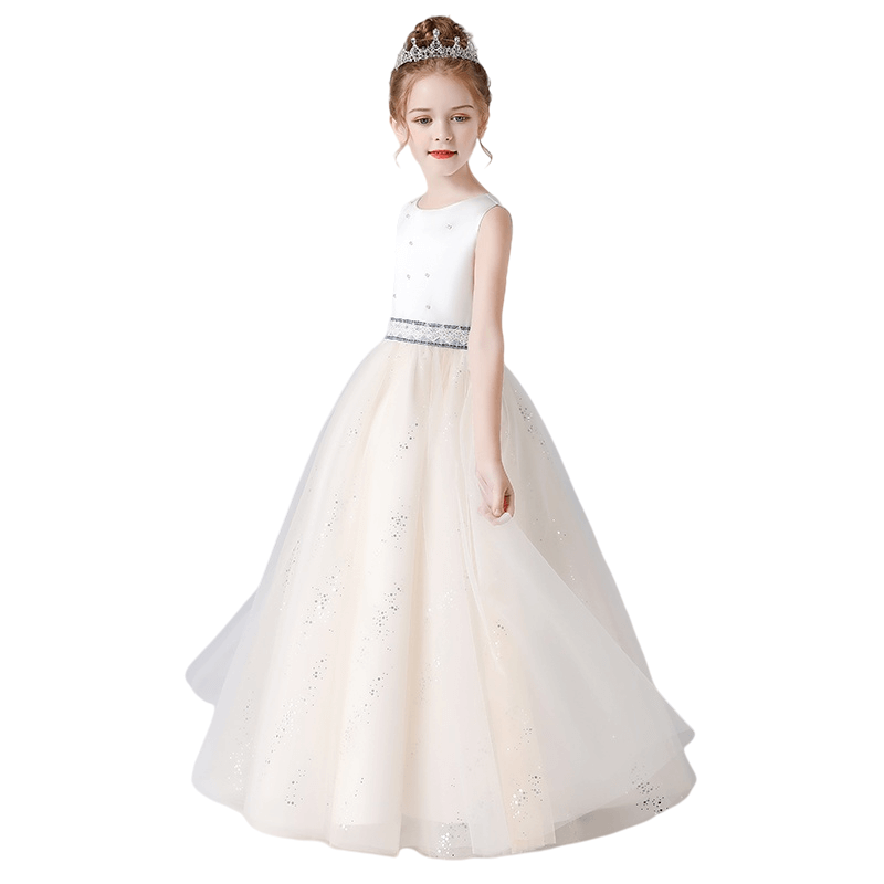 Champagne Junior Bridesmaid Dresses Tulle Flower Girl Dresses Ball Gown For Teens Floor Length