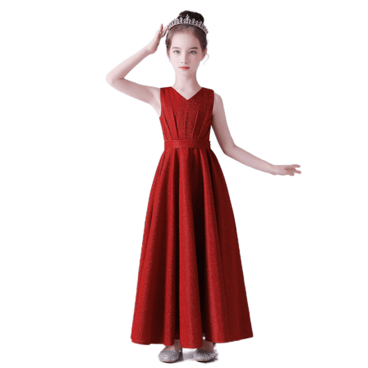 V-Neck Burgundy Piano Dress Junior Wedding Bridesmaid Dress Bat Mitzvah Gown