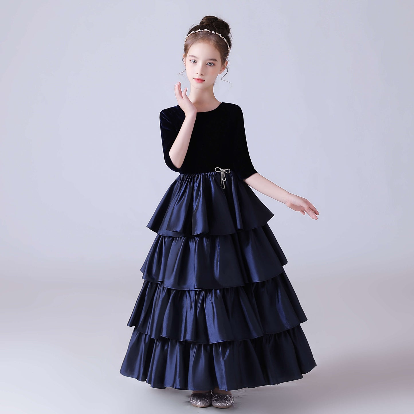 Little Girl Piano Dress Navy Blue Junior Party Cake Skirt Teen Prom Evening Dress
