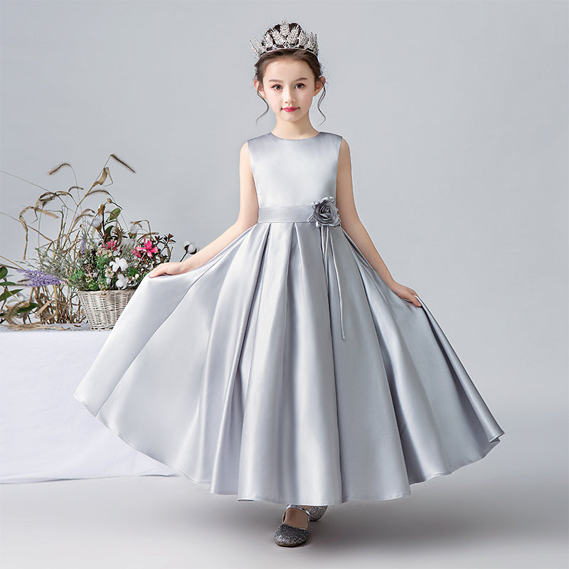 Satin Formal Dress for Girls Flower Belt Girls Evening Party Dress Sleeveless Long Dress First Communion Dress, Ivory / 6 Satin Formal Dress for Girls Flower Belt Girls Evening Party Dress Sleeveless Long Dress First Communion Dress, Ivory / 6