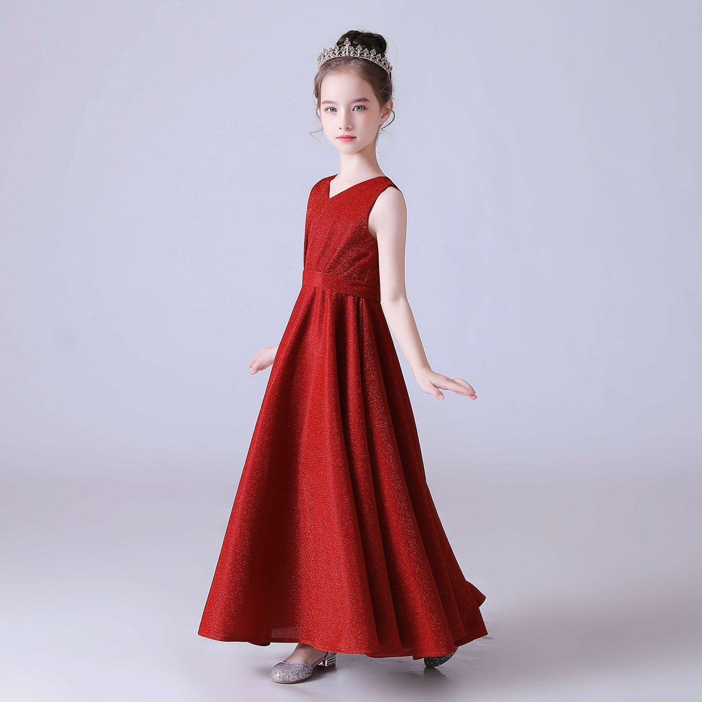 V-Neck Burgundy Piano Dress Junior Wedding Bridesmaid Dress Bat Mitzvah Gown