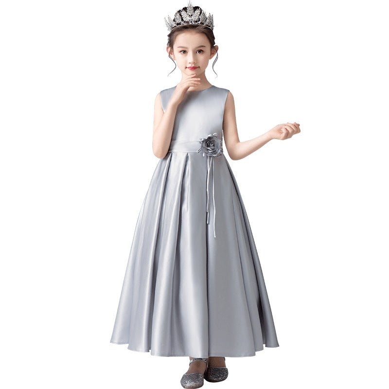 Satin Formal Dress For Girls Flower Belt Girls Evening Party Dress Sleeveless Long Dress First Communion Dress