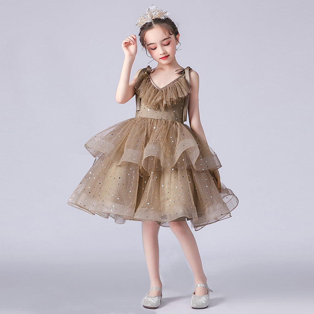 Little Girls V-Neck Special Occasion Dress Girls Fancy Birthday Party Dresses Detachable Trailing Gown