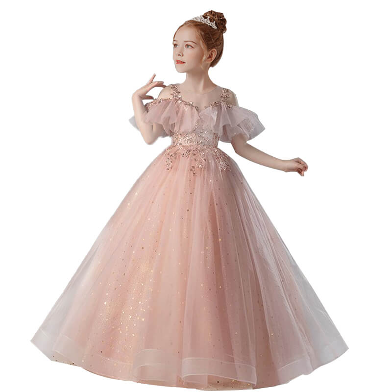 Dideyttawl Blush Pink Beading Sequins Prom Flower Girl Dresses Sparkly A-Line Princess Scoop Neck Short Sleeve Floor-Length Ball Gown